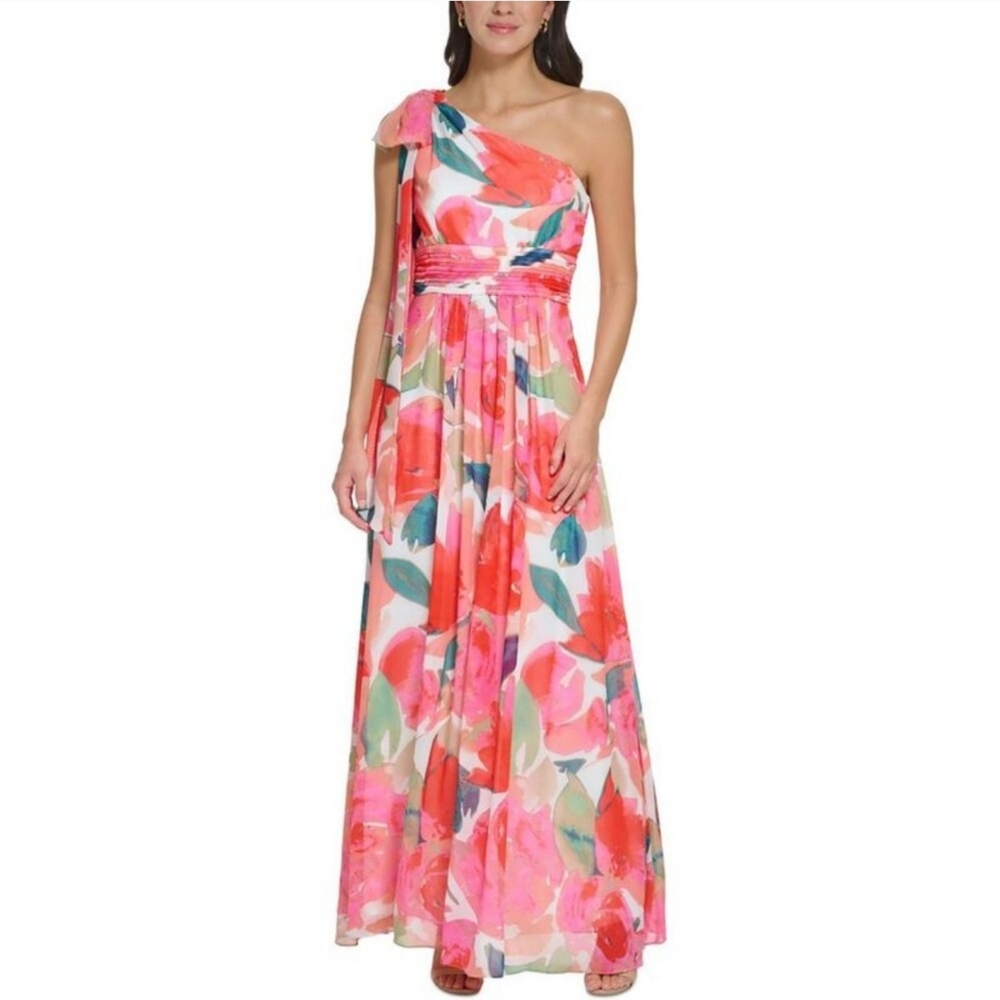 Eliza J Floral One Shoulder Bow Tie Sleeveless Gown Size 8 BEAUTIFUL 😍